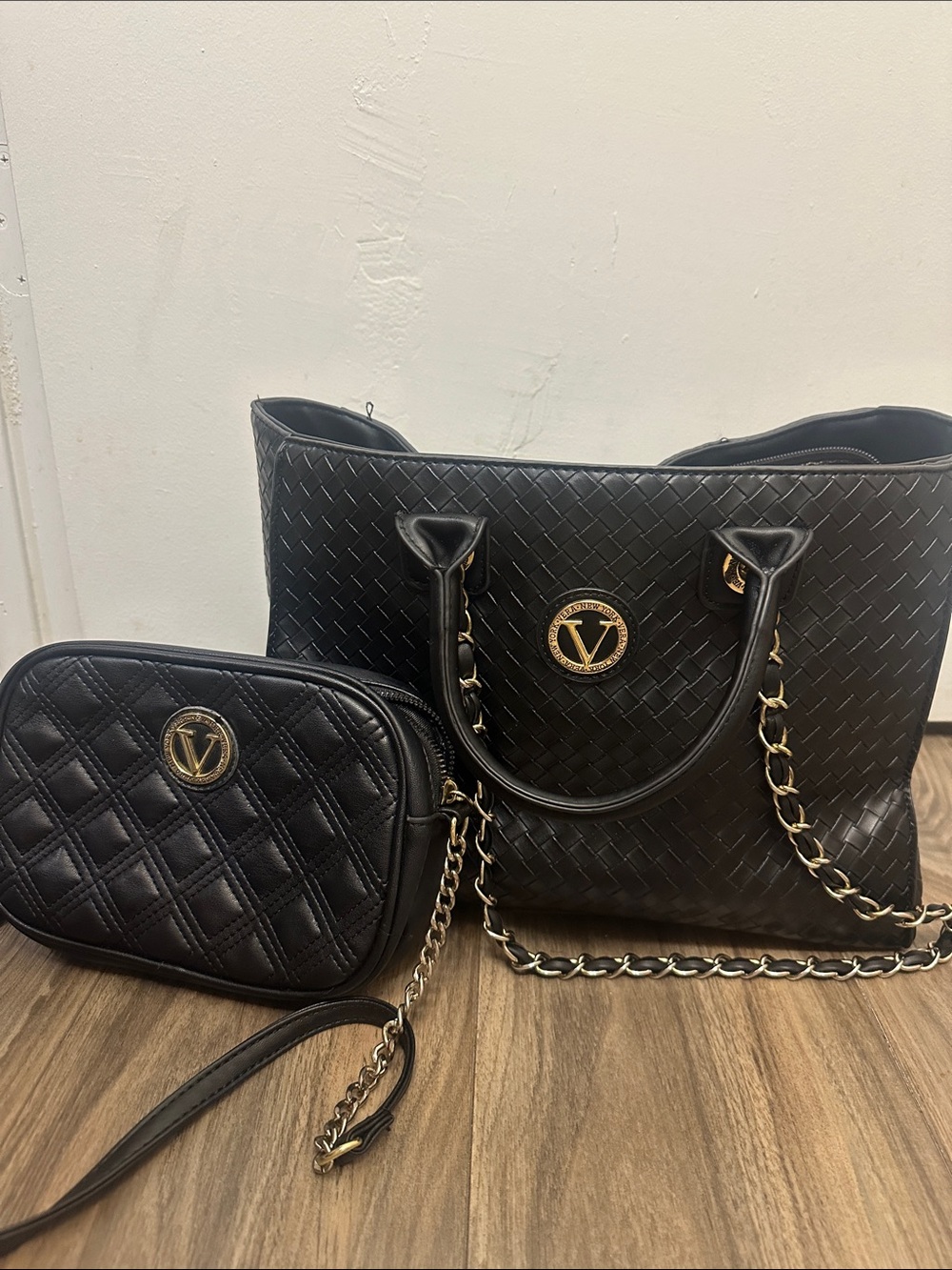 Black Quilted Shoulder Tote and Crossbody Set with Gold Emblem
